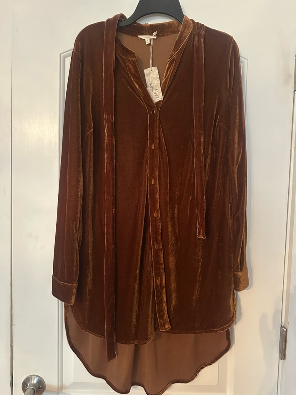 Mystree Brown Velvet Tunic Top with Neck Tie